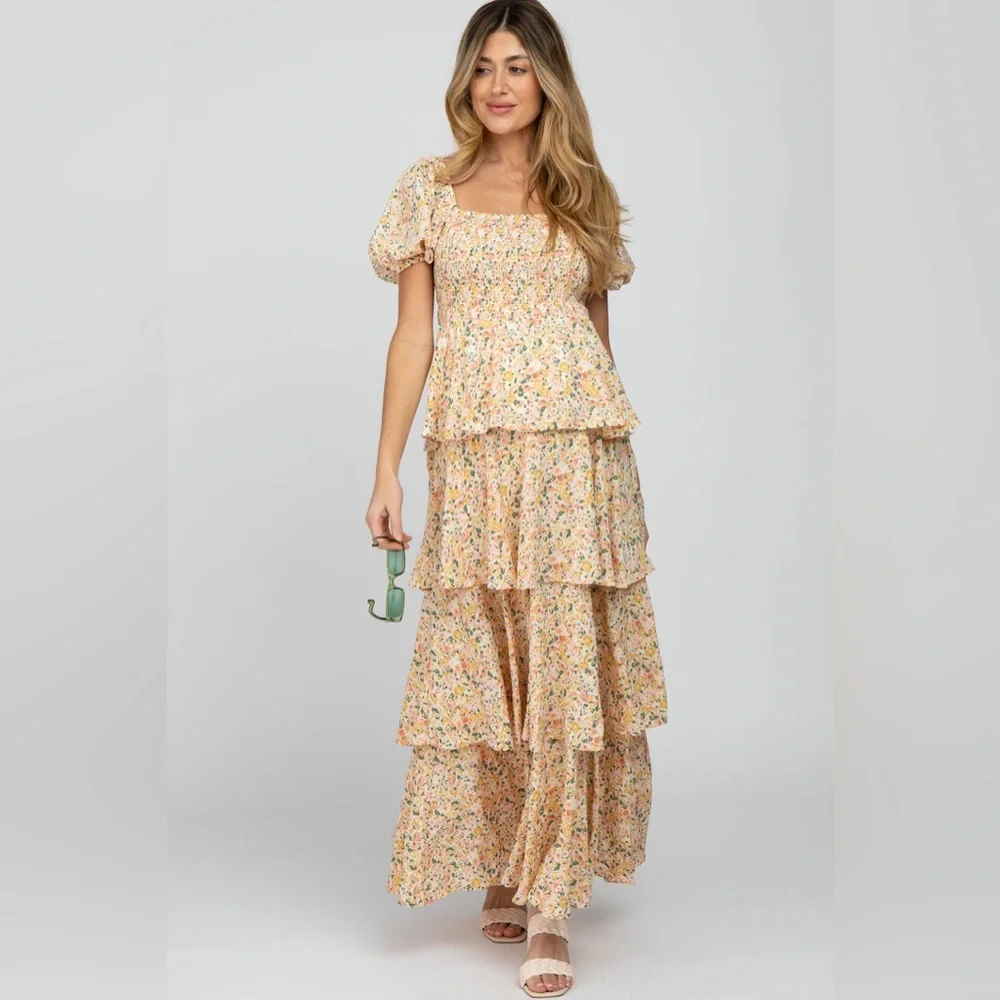 NWHT SOLD OUT PINKBLUSH Yellow Floral Square Neck Ruffle Layered Maternity Maxi - Picture 3 of 11